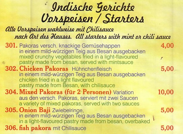 Inische Gerichte bei Pizza Mara in Schlangen