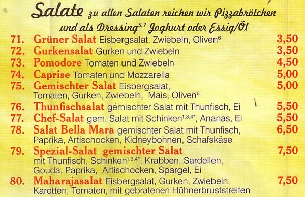 Salate bei Pizza Mara in Schlangen